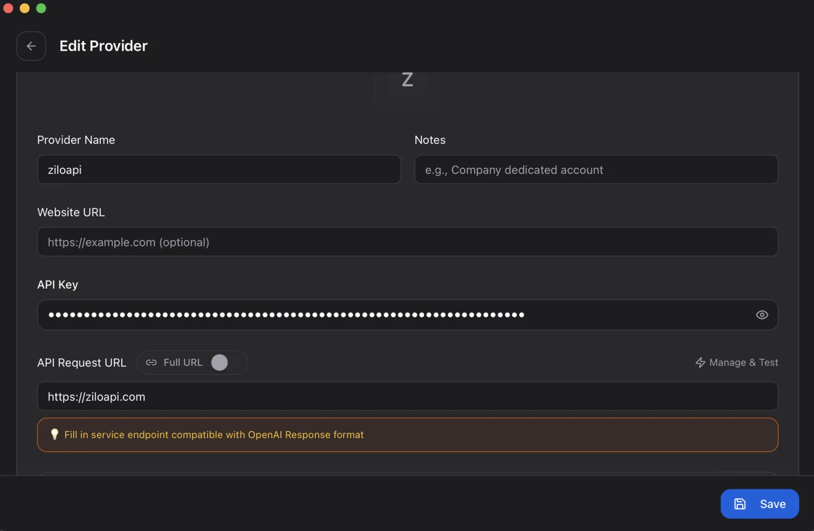 图片展示的是CC Switch中添加ziloapi模型时的“Edit Provider”界面。界面中Provider Name处填写了“ziloapi”，API Key处显示为星号，API Request URL为“https://ziloapi.com”，下方有提示“Fill in service endpoint compatible with OpenAI Response format”。右下角有“Save”按钮。该图片与文档中在CC Switch中添加ziloapi模型的操作步骤相关，是对步骤1中在CC Switch添加ziloapi模型时界面展示的直观呈现。